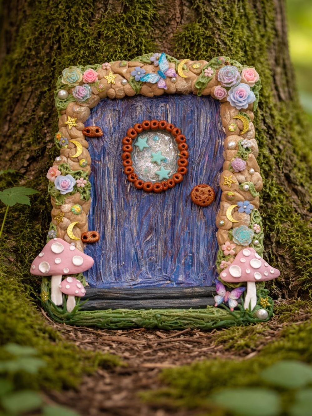 Handcrafted Blue Fairy Door Wall Art with Pink Accents Garden decor Nursery
